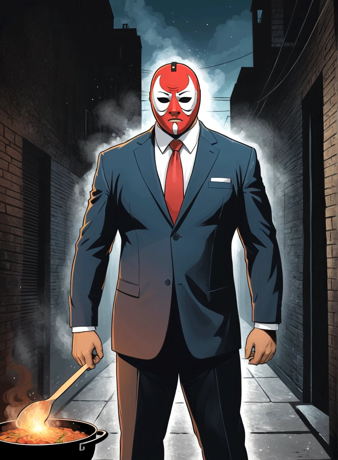Minimalistic comic artwork of a large man in a business suit, wearing a wrestling mask, cooking in a dark alley, looking back at the camera, crosshatching, 2D, Sharp, Detailed, HD, HDR, High Quality, High Resolution, Masterpiece, single panel