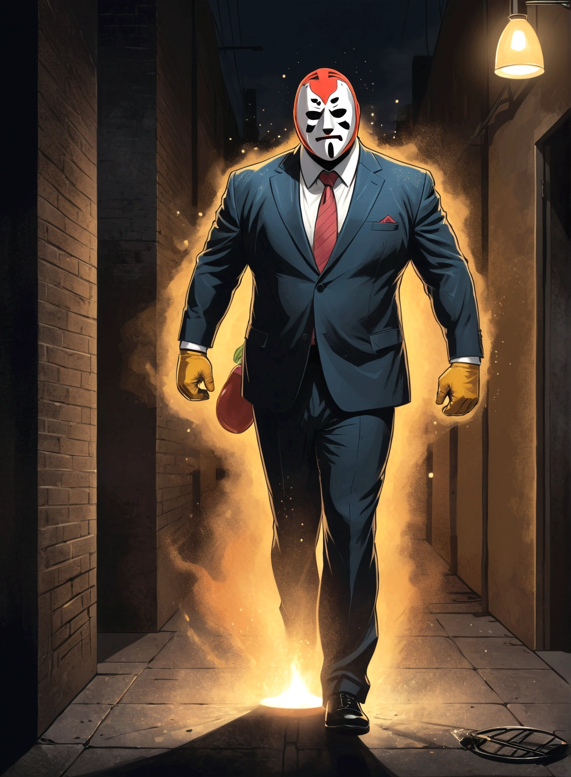 Minimalistic comic artwork of a large man in a business suit, wearing a wrestling mask, cooking in a dark alley, looking back at the camera, crosshatching, 2D, Sharp, Detailed, HD, HDR, High Quality, High Resolution, Masterpiece, single panel