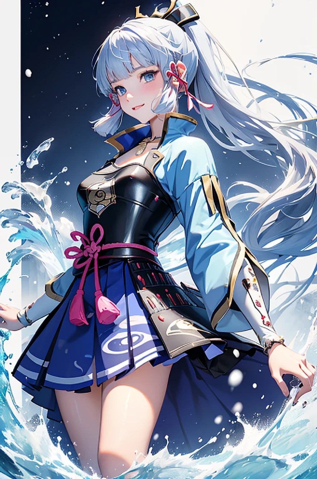 ((kamisatoayakadef)),1 Anime Girl, Warrior, Realistic people,Realistic, beautiful, smile, elegant, Majestic, Splash Art, Particles of light, Diamond Blade, Dynamic pose, ((fan、Have a fan))((Expand your fan base)),milky way, (Fractal Art:1.1),(Ice Flower:1.4), Most detailed,(Abstract background:1.1), (Shiny skin), (Many colors:1.4), Ultra-high resolution,, masterpiece, Accurate, Anatomically correct, texture.(background:snow、Snow Town、Snow Crystal、wind、旋wind)