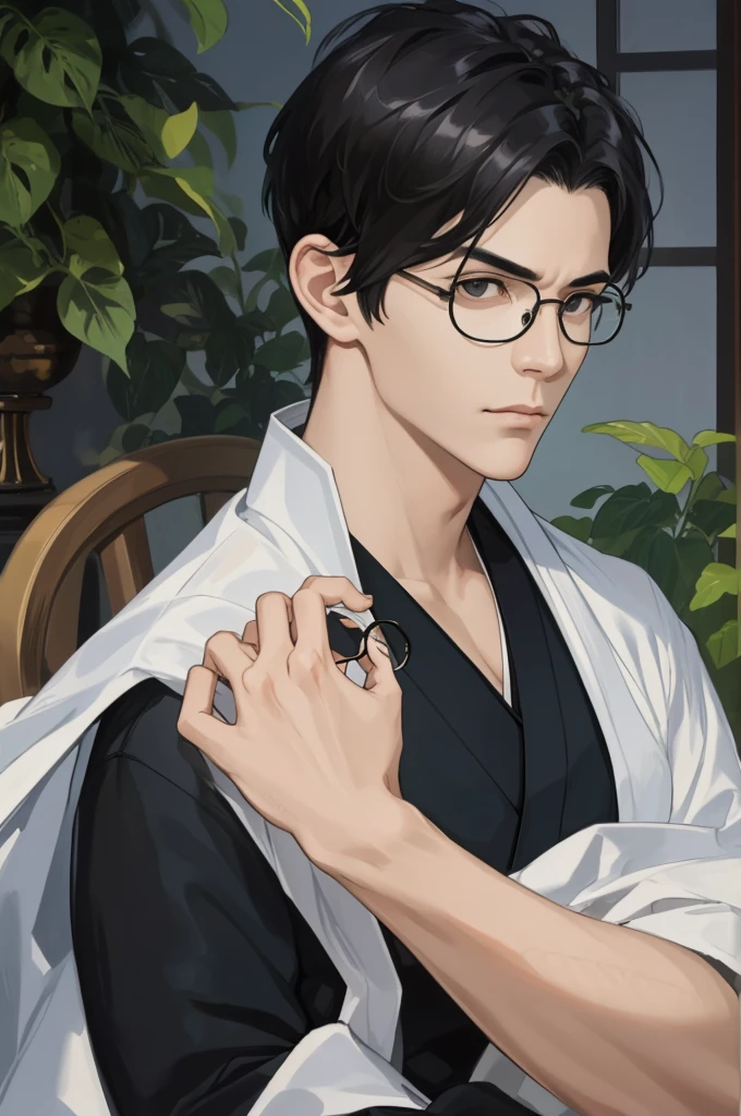 masterpiece, best quality, realistic, 1man, male focus, tall muscular, handsome, [thin eyebrows:0.5], serious, portrait, extremely detailed face, black hair, (short hair), six packs, full body, Japanese, round glasses, relax