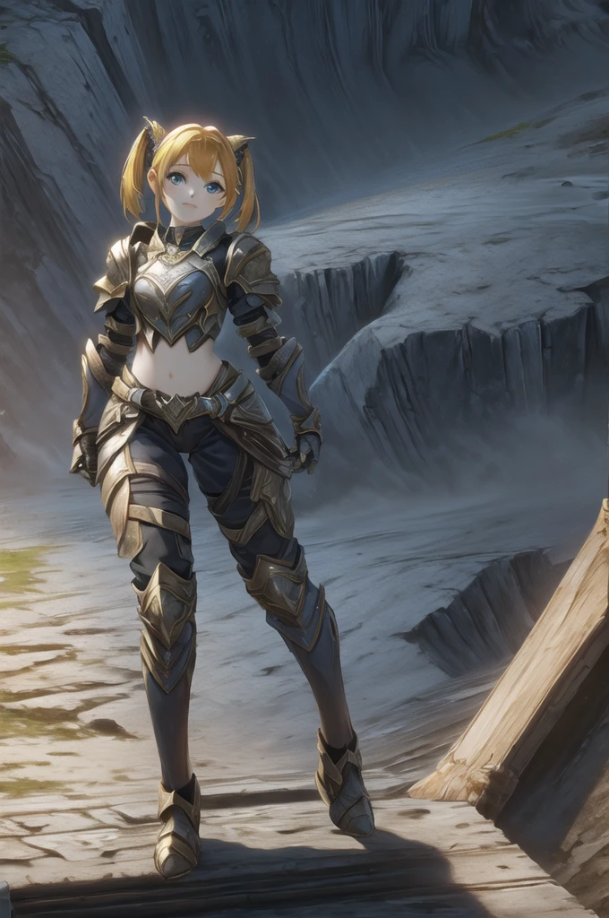 One girl, l2gnome, gnome, View your viewers, smile, blue eyes, armor, (Highest quality: 1.3), (masterpiece: 1.3), Mid-chest, close,Twin tails、Yellow Hair, has a mace in his right hand、He holds a round shield in his left hand.