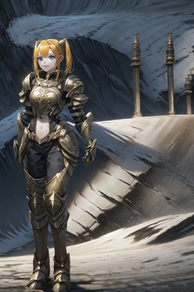 One girl, l2gnome, gnome, View your viewers, smile, blue eyes, armor, (Highest quality: 1.3), (masterpiece: 1.3), Mid-chest, close,Twin tails、Yellow Hair, has a mace in his right hand、He holds a round shield in his left hand.