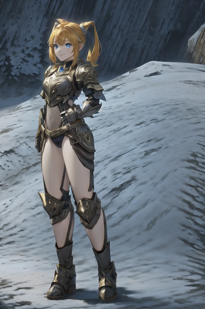 One girl, l2gnome, gnome, View your viewers, smile, blue eyes, armor, (Highest quality: 1.3), (masterpiece: 1.3), Mid-chest, close,Twin tails、Yellow Hair, has a mace in his right hand、He holds a round shield in his left hand.