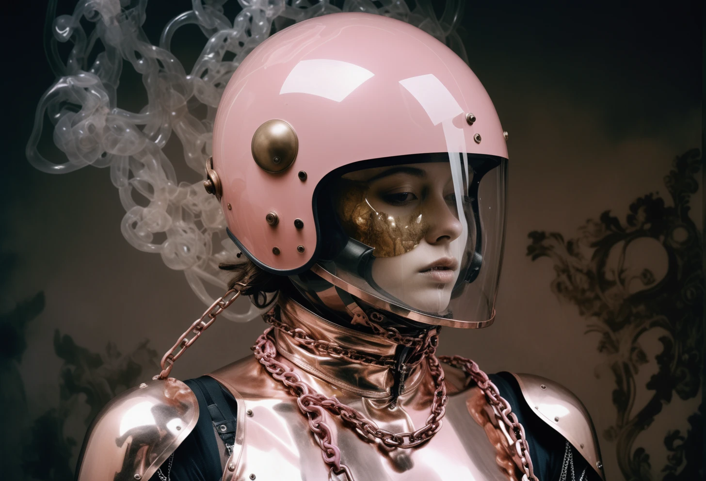 a person in a metal suit with a chain, in the style of gum bichromate, camilla d'errico, light bronze and pink, disfigured forms, webcam photography, religious subjects, donna huanca, The background of the image is dark and smoky, which adds to the overall mood of the scene