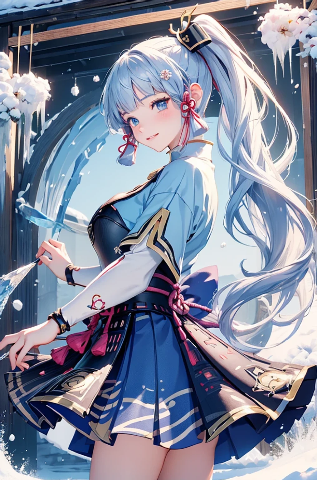 ((kamisatoayakadef)),1 Anime Girl, Warrior, Realistic people,Realistic, beautiful, smile, elegant, Majestic, Splash Art, Particles of light, Diamond Blade, Dynamic pose, ((fan、Have a fan))((Expand your fan base)),milky way, (Fractal Art:1.1),(Ice Flower:1.4), Most detailed,(Abstract background:1.1), (Shiny skin), (Many colors:1.4), Ultra-high resolution,, masterpiece, Accurate, Anatomically correct, texture.(background:snow、Snow Town、Snow Crystal、wind、旋wind)