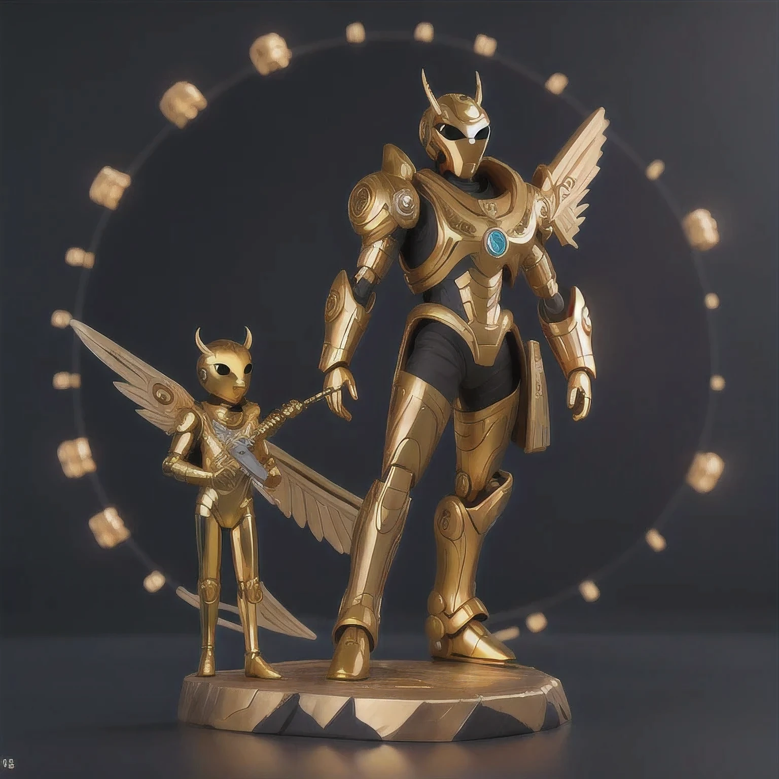  statue of a golden robot on a black surface, cute elaborate epic robot, greek  in mecha style, cyber steampunk 8 k 3 d, detailed cosmic angelic robot, the golden humanoid robot, sci - fi armour, detailed humanoid, 3 d 8 k octan render, sculpture of moloch, rendered in keyshot