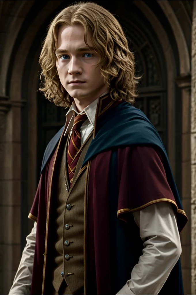 Harry Potter Screenshot.
Boy with wavy blonde hair, blue eyes, Expression would be, Gryffindor uniform, To the south is Severus Snape.