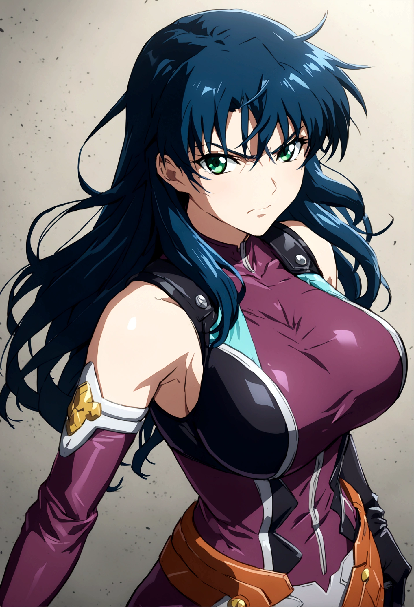 Large Breasts, anime girl with blue hair and green eyes long haired, misato katsuragi, portrait knights of zodiac girl, fubuki, kusanagi, inspired by Rei Kamoi, nico robin, ikki tousen, knights of zodiac girl, juri misaki, gainax anime style, close view 8K,HD,Wallpaper masterpiece 1.3, large ass, , thin waist, holding a katana, bloody clothes, angry, violet ninja outfit. Lookin at viewer, 