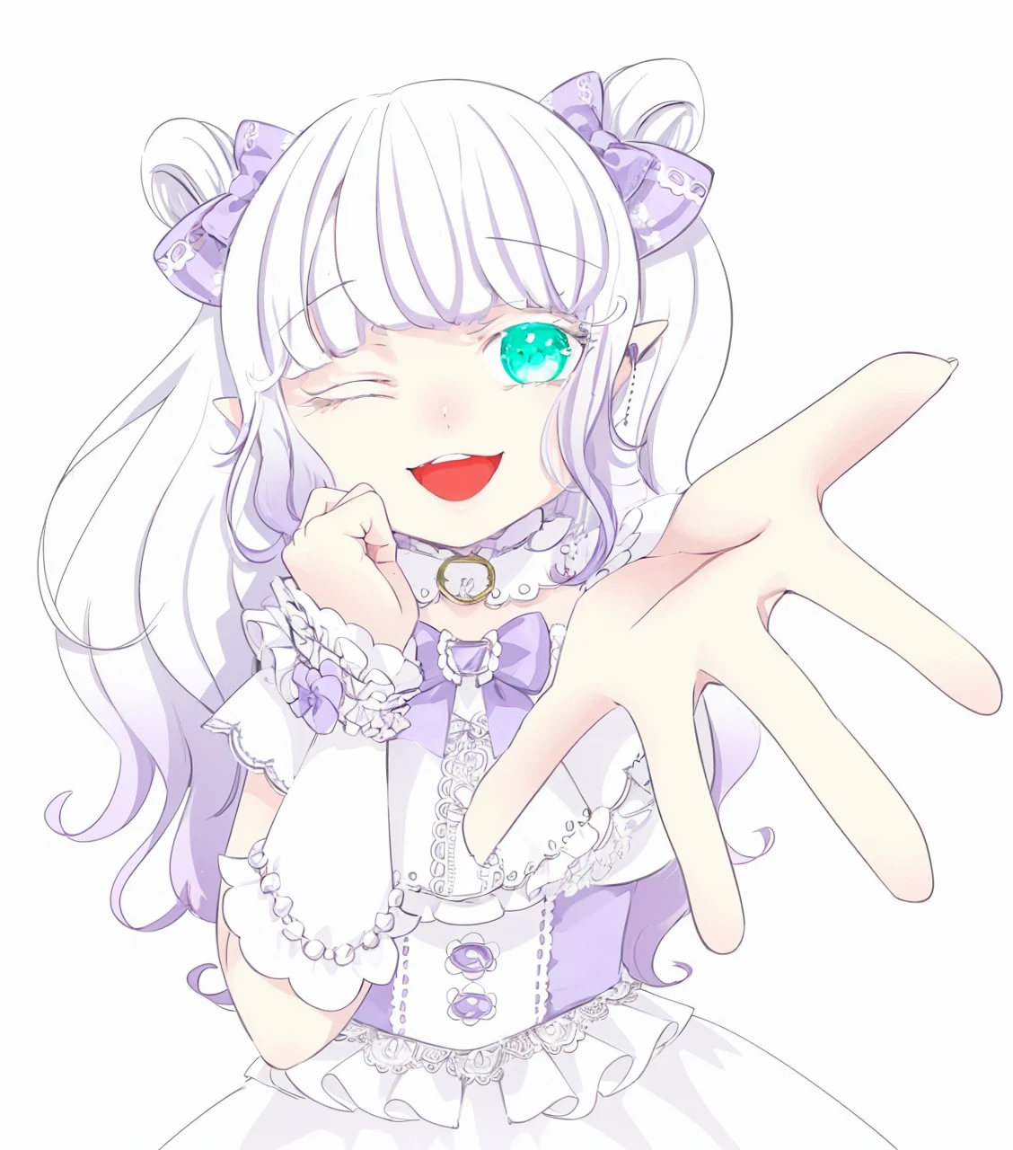 White mini dress,One Girl,Half Twin Tail,Two buns,Elf Ears,Jade green eyes,smile,stage,Idol,Lilac colored hair,Fairy Princess