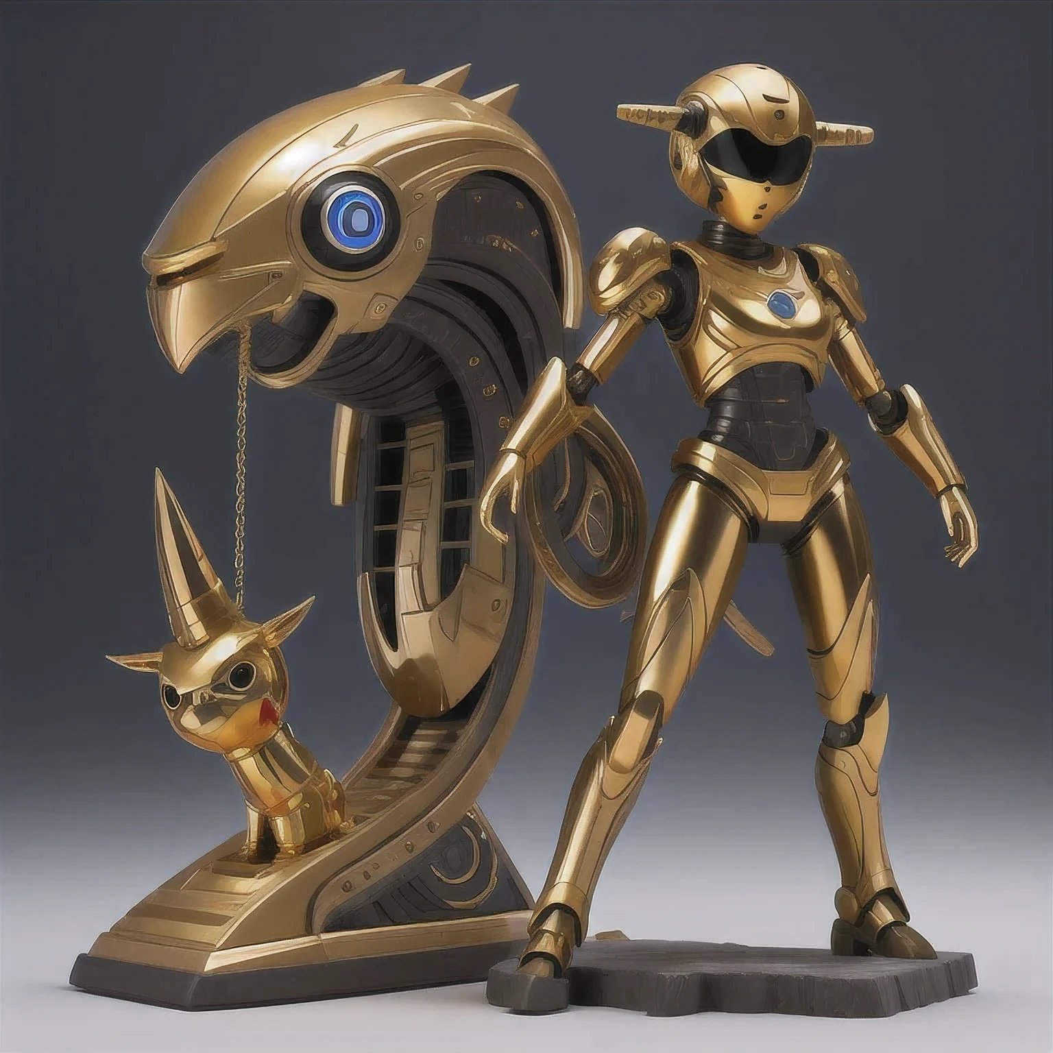 statue of a golden robot on a black surface, cute elaborate epic robot, greek in mecha style, cyber steampunk 8 k 3 d, detailed cosmic angelic robot, the golden humanoid robot, sci - fi armour, detailed humanoid, 3 d 8 k octan render, sculpture of moloch, rendered in keyshot