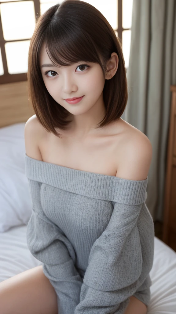 Tabletop, Highest quality, figure, Super detailed, In detail, High resolution, 8k wallpaper, Perfect dynamic composition, Beautiful attention to detail,((Off-the-shoulder clothing:1.5)),Medium Hair, D cup 、(slender), Slender , No makeup , Natural color lip, Bold  pose,Reassuring smile,Harajuku、17-year-old girl、Kind older sister,((kind:1.2))、((Big sister feeling:1.2)), cute、 shot looking at camera,On the bed、
