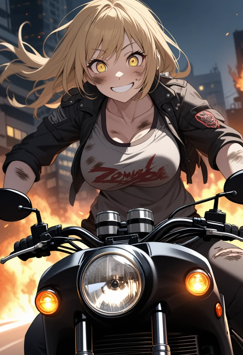 Golden hair, golden eyes with black pupils, woman, cruiser motorcycle, big chest, motorcycle goggles, happy, big smile, dirty, burning city at night, zombie apocalypse, tattered black streetwear, speeding, highly detailed, perfect eyes, well defined eyes, highly detailed eyes, expressive eyes, katana on back, detailed katana, accurate katana