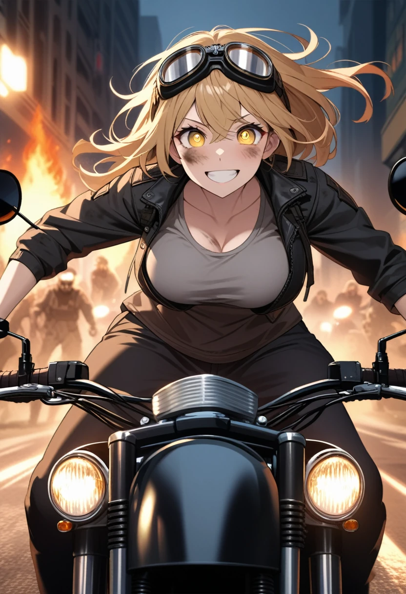Golden hair, golden eyes with black pupils, woman, cruiser motorcycle, big chest, motorcycle goggles, happy, big smile, dirty, burning city at night, zombie apocalypse, tattered black streetwear, speeding, highly detailed, perfect eyes, well defined eyes, highly detailed eyes, expressive eyes, katana on back, detailed katana, accurate katana
