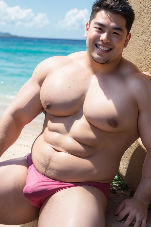 ((highest quality)), ((masterpiece)), (detailed), (Perfect Face), 4k, Shaved head, Young Japanese, Muscular, Fat body, Very big man, smile, White small swimsuit, Well-groomed fat face, Naked, Have power, Sitting with legs spread very wide, Highlights very thick thighs, Raising his armanly chest, topless, Pink nipples, Thick arms, Thick neck, Emphasizes a very large swimsuit bulge, Pale skin, Emphasize the lower body, Front facing shot, Very thick thighs, Round face, Plump, Fat, Raise thighs high, Forehead is narrow, Male eye, Facial muscle, Male face, grin, spread legs, Leaning back, wet, bulgeJ8, big bulging crotch,