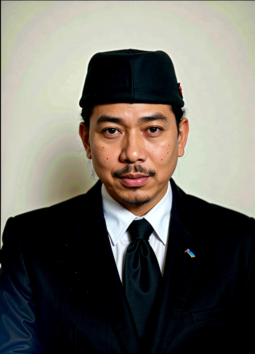 there is a man in a black suit and a black hat, inspired by I Ketut Soki, inspired by Basuki Abdullah, raden saleh, full protrait, by I Ketut Soki, ramil sunga, digital art but photo, jokowi, academy headmaster, mohamed chahin, photoshopped, inspired by Bohumil Kubista