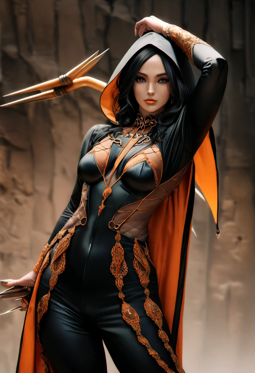 lean, agile female with long flowing black hair, Dark tan skin complexion, bright black eyes, aesthetic, and high cheekbones. She excels as a master of disguise, an exceptional acrobat, and an expert with throwing knives, with skills in stealth and silent movement. Her costume includes a black bodysuit with orange patterns mimicking flowing smoke, a sleek black mask covering the lower half of her face, a black hood with an orange lining, and a set of throwing knives and a collapsible staff in black and orange. Geographic Data in Detailed Hyper-Realism Photoshoot Style