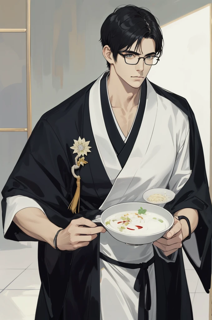 masterpiece, best quality, realistic, 1man, male focus, tall muscular, handsome, [thin eyebrows:0.5], serious, portrait, extremely detailed face, black hair, (short hair), six packs, full body, Japanese, round glasses, relax