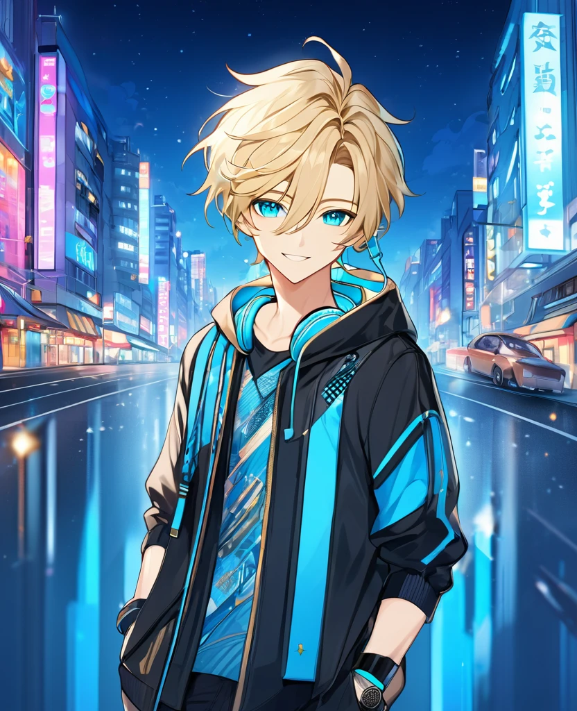  (Blonde_hair),(medium_male_hair), (cyan_vibrant_eyes), (detailed_eyes), (warm_smile), (attractive), (background_colorful_night_city), (male), (detailed_Hair), (detailed), (wears_19's_outfit), (uses_headphones)
