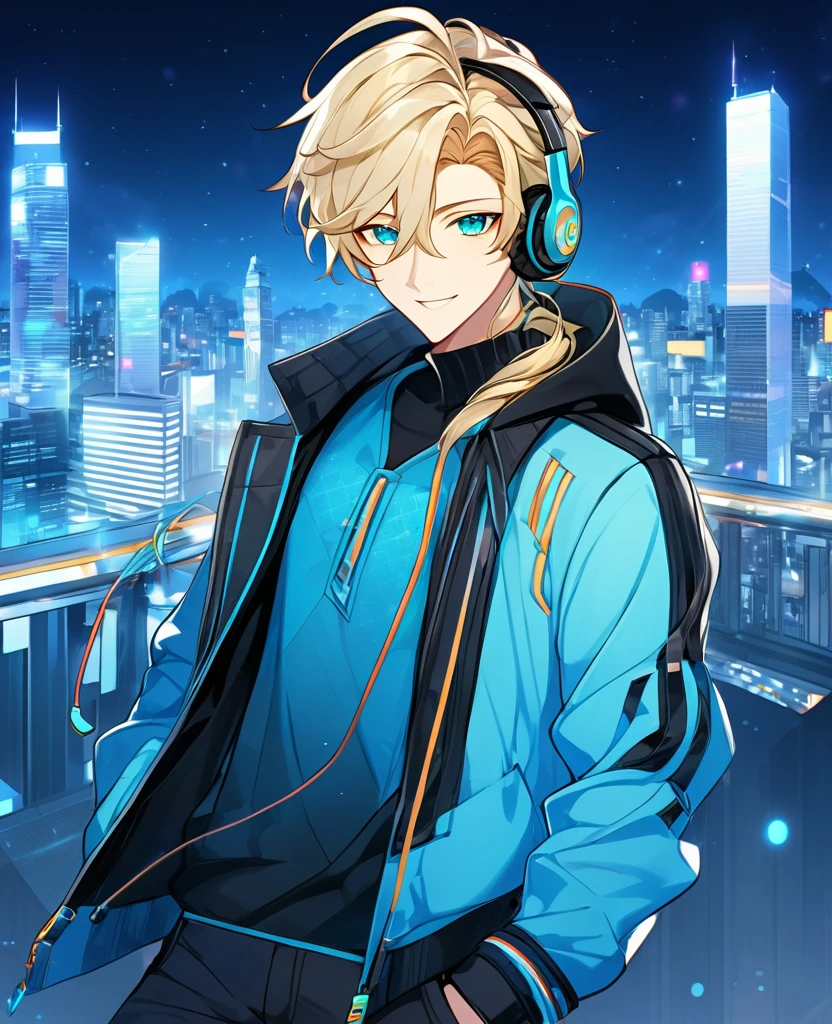  (Blonde_hair),(medium_male_hair), (cyan_vibrant_eyes), (detailed_eyes), (warm_smile), (attractive), (background_colorful_night_city), (male), (detailed_Hair), (detailed), (wears_19's_outfit), (uses_headphones)