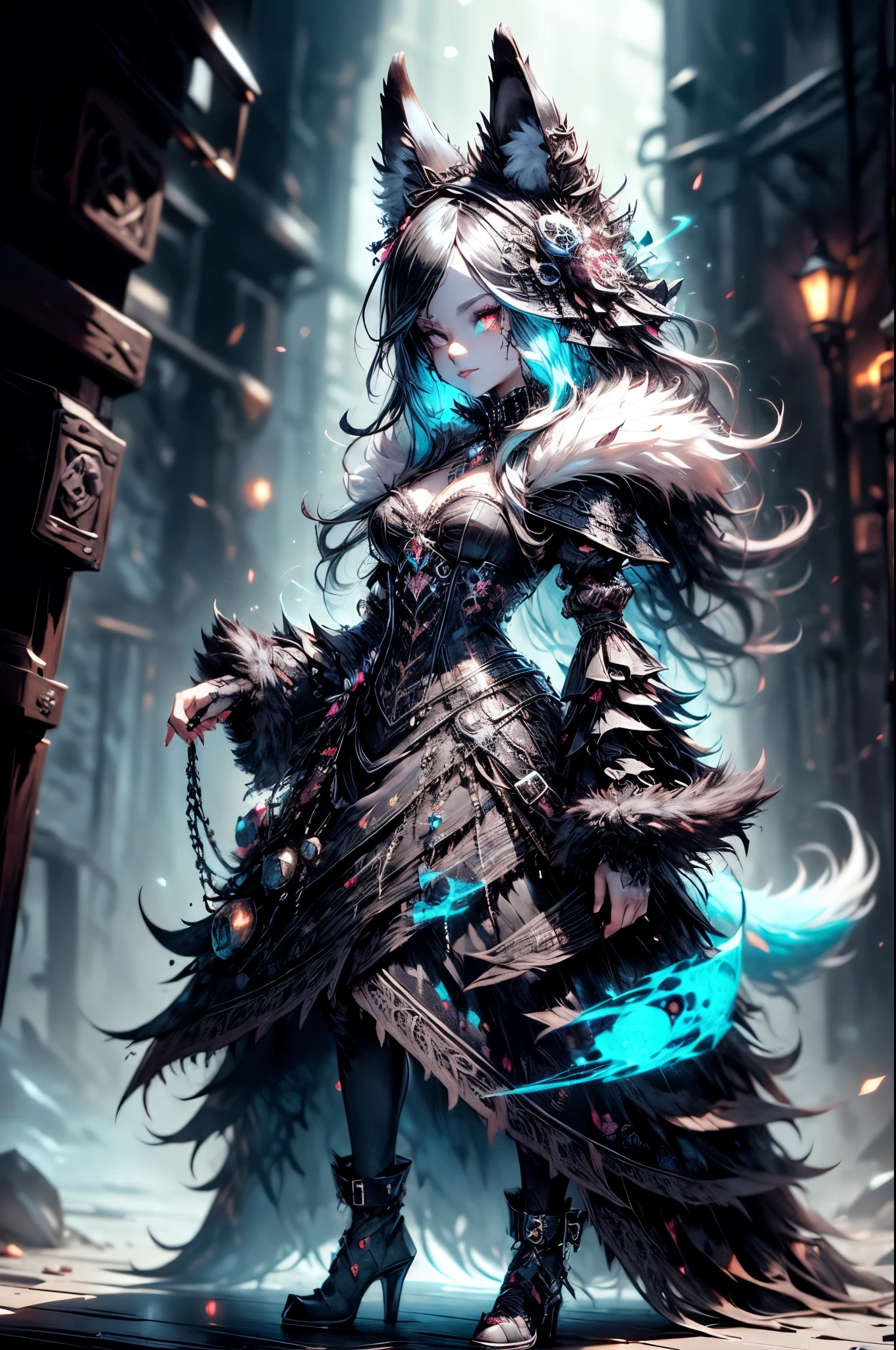 [Best quality, Shaded, extreme detail, highly detailed, ultra detailed, intricate, Realistic, perfect face], wolf woman, full body portrait, full fur, magic fur, full tail, big signal, magic tail, long hair (hair colorful), hat on the head (gothic style), almond-shaped eyes (bright turquoise color), expressive smile, charming face, gothic clothing (dark color with magic skulls), black fur tights, shoes (gothic style high boots ), the scene takes place in a narrow alley with a sinister and dark atmosphere.