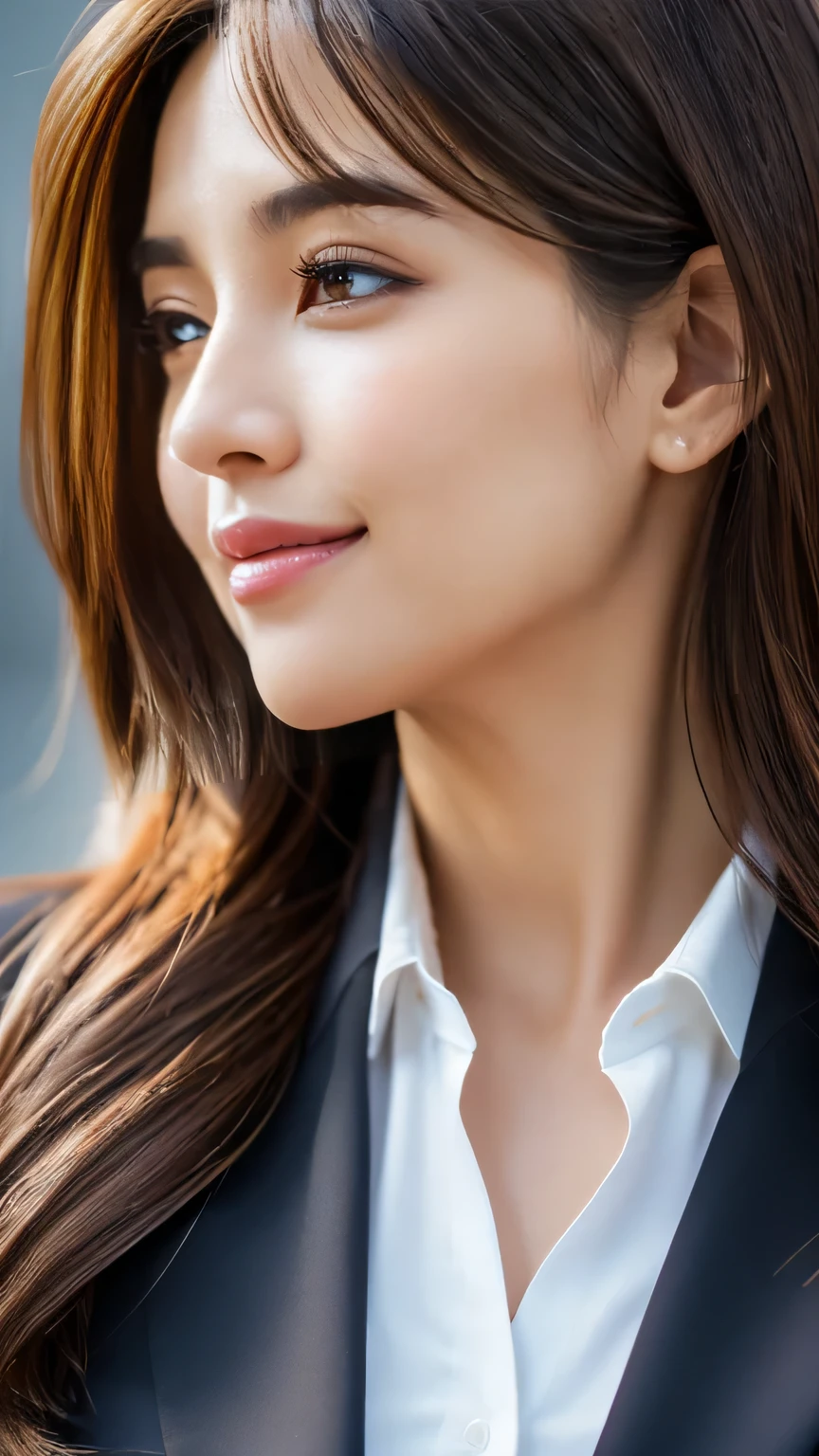 Tabletop, Highest quality, Realistic, Very detailed, finely, High resolution, 8k wallpaper, One beautiful woman, ((Australian/Japanese mix)), Light brown super long hair, Wearing a business suit, Sharp focus, Perfect dynamic composition, Beautiful and detailed, Long eyelashes、((Heavy makeup))、Detailed Realistic skin texture, smile, From the chest up、