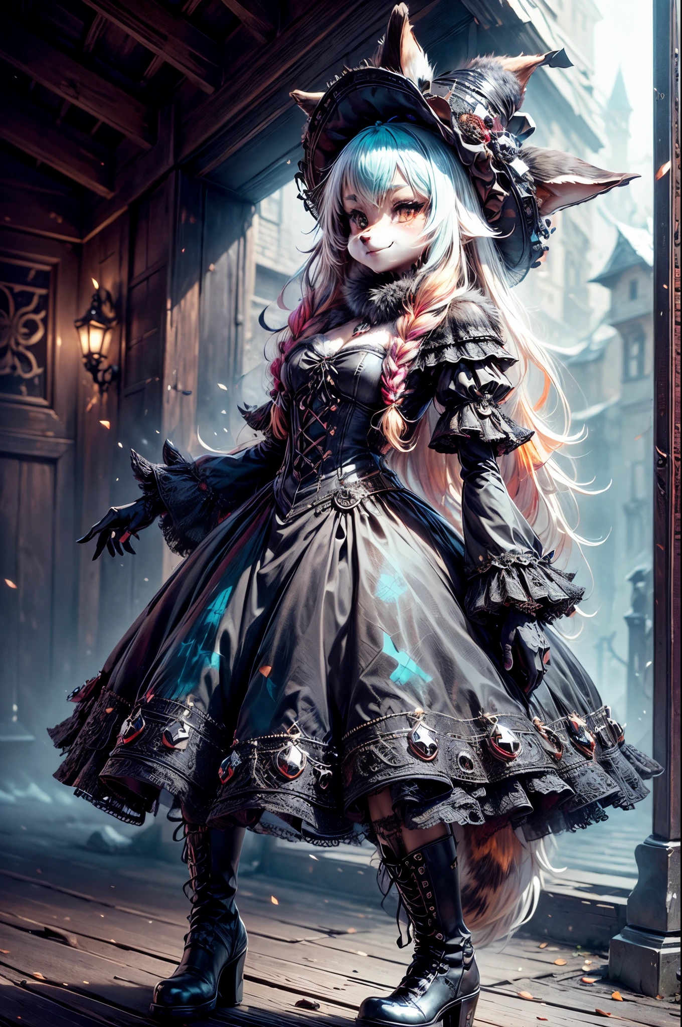 [Best quality, Shaded, extreme detail, highly detailed, ultra detailed, intricate, Realistic, perfect face], wolf woman, full body portrait, full fur, magic fur, full tail, big signal, magic tail, long hair (hair colorful), hat on the head (gothic style), almond-shaped eyes (bright turquoise color), expressive smile, charming face, gothic clothing (dark color with magic skulls), black fur tights, shoes (gothic style high boots ), the scene takes place in a narrow alley with a sinister and dark atmosphere.
