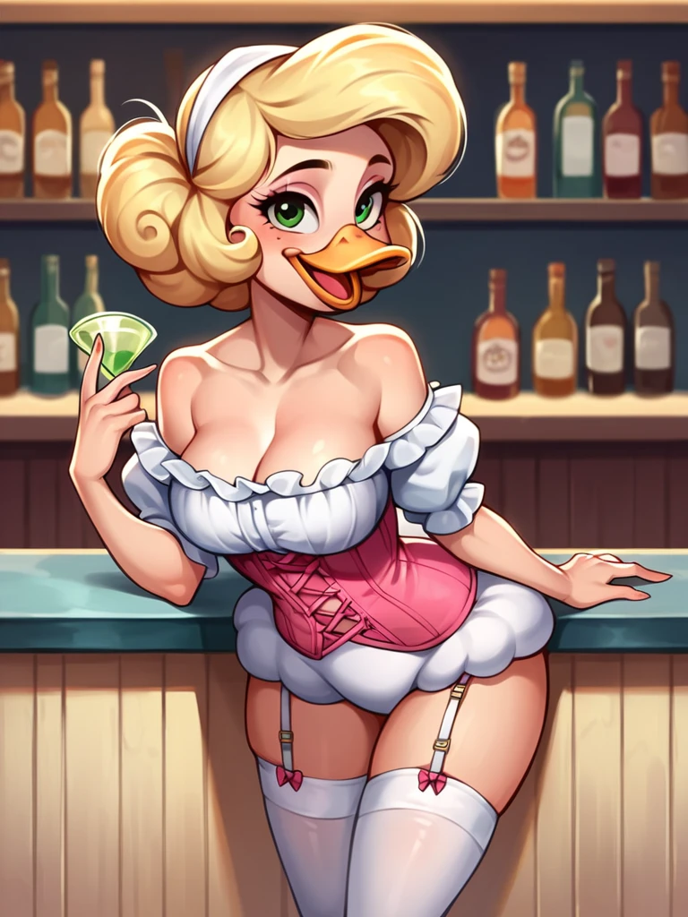 score_9, score_8_up, score_7_up, score_6_up,score_5_up,score_4_up,, 1girl,goldie o'gilt, ducktales, beak, duck, green eyes, eyebrows, blonde hair, mature female, eye bags, eyelashes, scut tail, white skin, orange legs, cute, sexy,  hud_vtg_ling, pink corset, bloomers, garter straps, puffy sleeves, blouse, off shoulder, jewelry, white thighhighs, standing behind counter,  bar,  laughing at you, leaning forward, in a bar,  crowded, dark, hazy, low light, wild west, ZPDXL, 