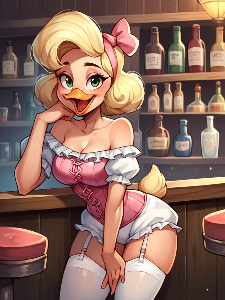 score_9, score_8_up, score_7_up, score_6_up,score_5_up,score_4_up,, 1girl,goldie o'gilt, ducktales, beak, duck, green eyes, eyebrows, blonde hair, mature female, eye bags, eyelashes, scut tail, white skin, orange legs, cute, sexy,  hud_vtg_ling, pink corset, bloomers, garter straps, puffy sleeves, blouse, off shoulder, jewelry, white thighhighs, standing behind counter,  bar,  laughing at you, leaning forward, in a bar,  crowded, dark, hazy, low light, wild west, ZPDXL, 