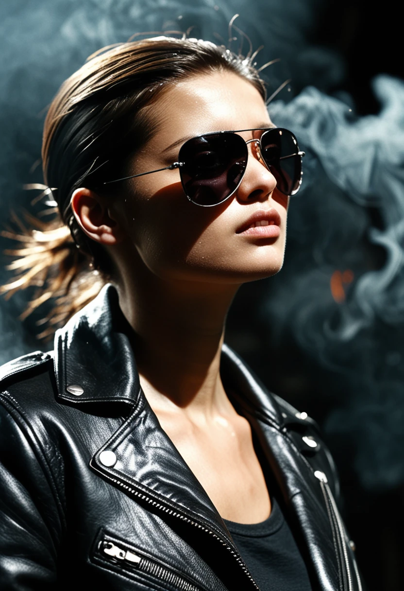 The image features a close-up profile photo from high angle above of a woman wearing sunglasses and a leather jacket. The woman is looking down at something. The sunglasses are dark and the woman's face is partially obscured by them. The background of the image is dark and smoky, which adds to the overall mood of the scene. The woman's attire, including the leather jacket, suggests that he might be in a professional or high-stakes environment. 1girl, female focus, solo, sunglasses, jacket, leather jacket