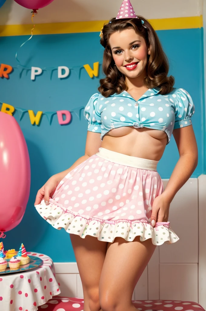 photo brunette pinup holding giant birthday cake pinup beautiful smile beautiful cafe retro bright light colors pastel mini skirt with polka dots posing in pinup style sexy