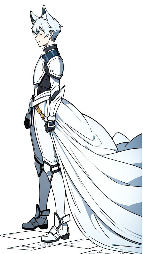 (1boy,),short hair,solo,white armor ,silver hair,fox ears,(white background,line drawing),serious,closed eyes,from side, sitting,full body,