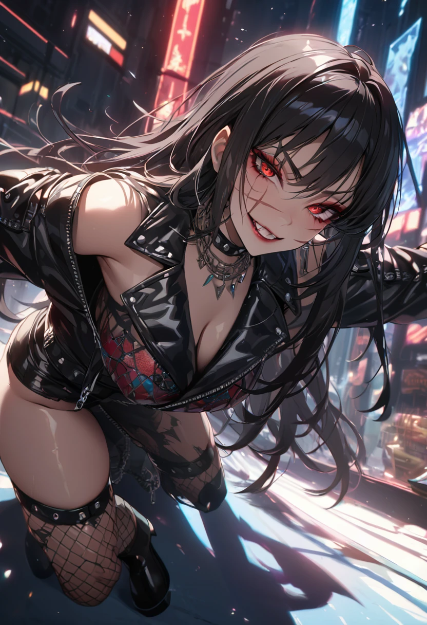 best quality, masterpiece, ultra-detailed, illustration, dynamic pose, Yoru, yorucsm, face scar, red eyes, black hair, looking at viewer, (evil smile), heavy eyeliner, wearing a leather jacket, platform boots  adorned with studded accessories, layered necklaces, bold patterns, torn fishnets, dramatic makeup, black nail polish, oversized rings, close-up shot, glossy lips, cinematic lighting, volumetric lighting, vibrant colors, ray tracing, intricate details in 8k or 4k resolution
