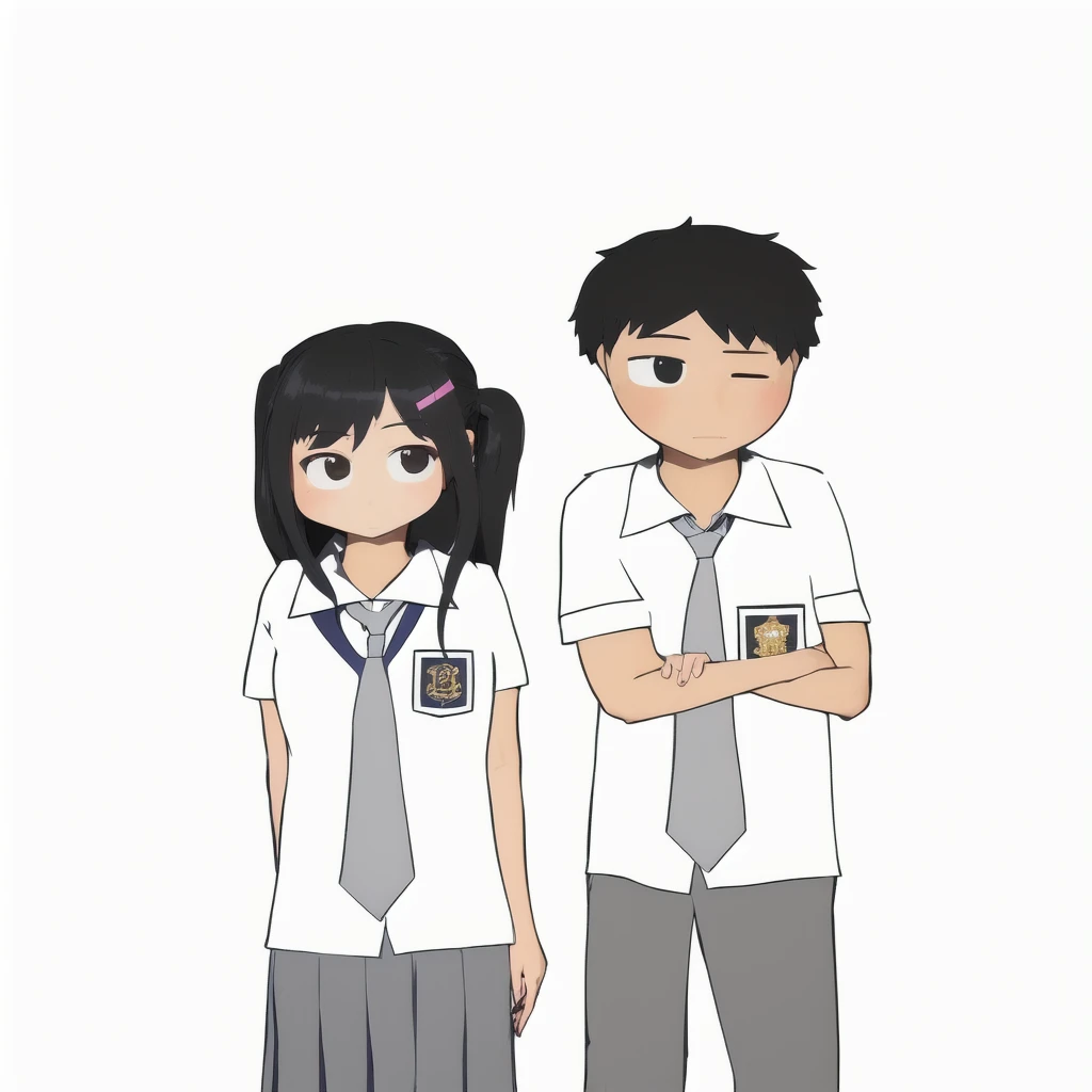 cartoon of a boy and girl in school uniforms standing next to each other, wearing school uniform, wearing a school uniform, jk uniform, , wearing japanese , two characters, japanese , boy and girl, with two characters, japanese high school, school class, in anime style, standing in class, girl wearing uniform, uniform background
