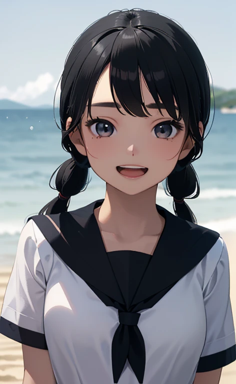 (Photorealistic:1.4)、(15-year-old:1.5),(masterpiece、spot light:1.2、Exquisite beautiful eye:1.5,portlate),(kind eyes、tareme:1.9),(Close-up of face:1.5,face focus:1.5)、(Cute Face、 3D Face)、(black hair:1.5)、(middle hair:1.5),(sidelock :1.5),(blunt bangs:1.3),(1  school girl)、(aqua eyes:1.2)、(upper body:1.5)、(Open mouth happy smile:1.5)),()、(Hair blowing sideways in the wind:1.4),(ponytail:1.5)(head tilt) ,(),(flat chest),(),(school sailor uniform:1.5),(Park with an ocean view background:1.5)、()、(serafuku)、Slim Body(),Shiny Hair、girl、zydG