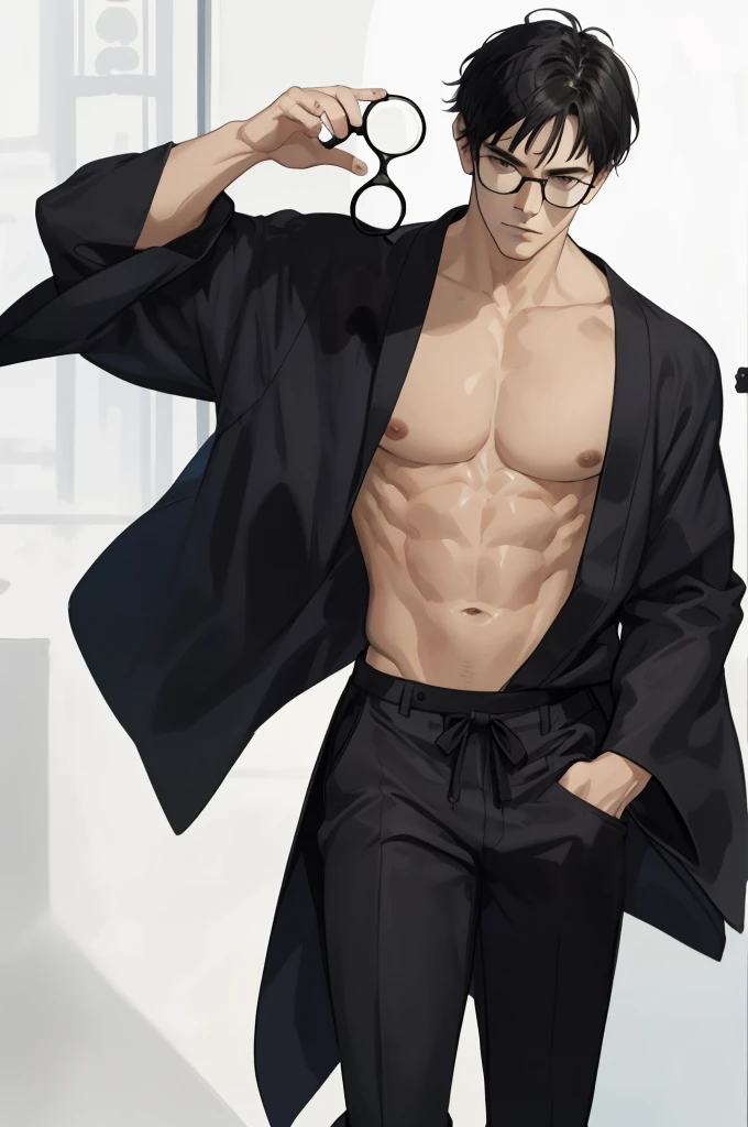 masterpiece, best quality, realistic, 1man, male focus, tall muscular, handsome, [thin eyebrows:0.5], serious, , portrait, extremely detailed face, black hair, (short hair), , six packs, full body, Japanese, round glasses, relax