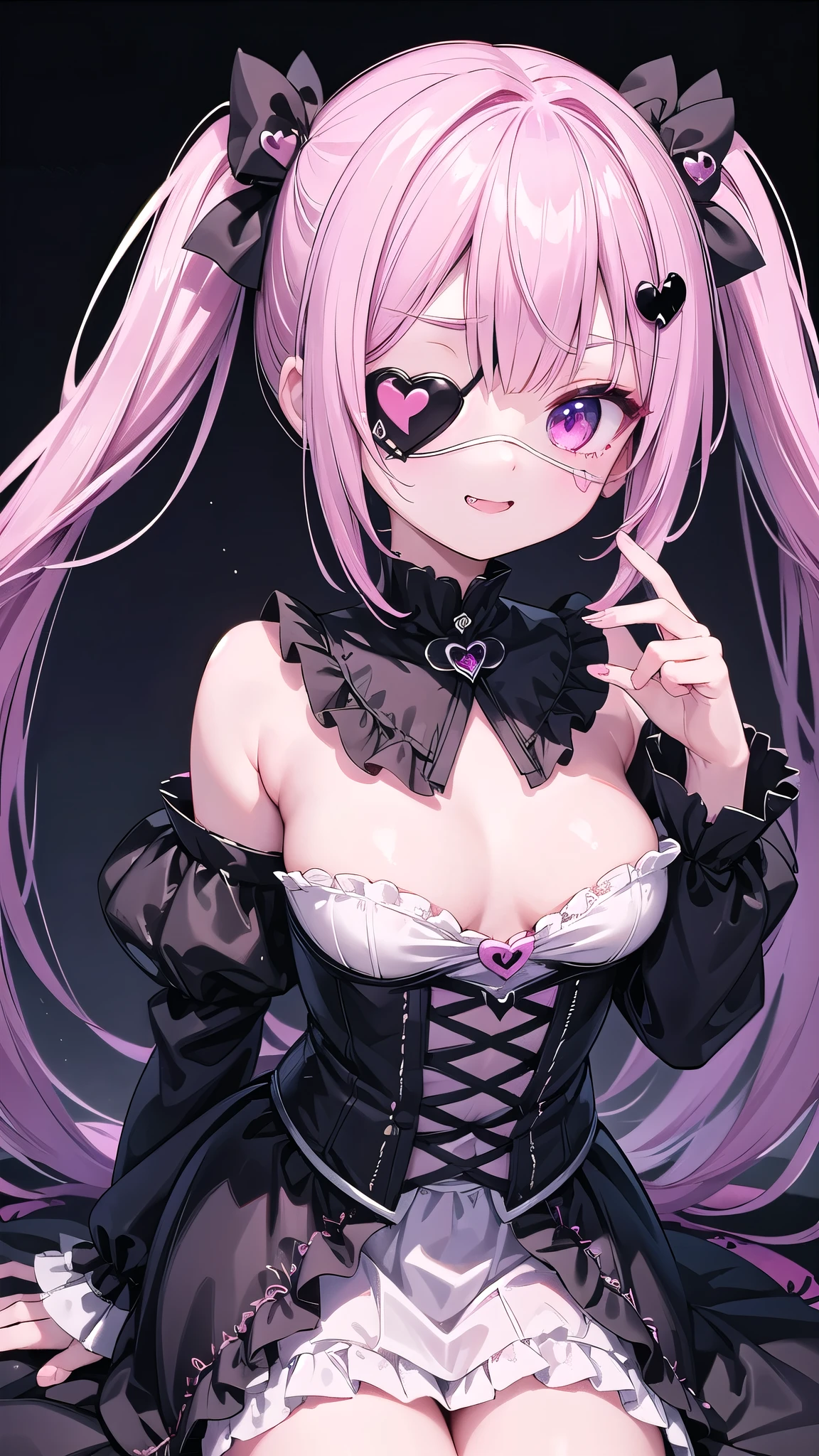 woman\((cute,Eye patch\(very cute, Gothic Fashion,heart mark\):1.3),,skin\(white,青whiteい,Smooth,Silky,Shiny\),eye\(beautiful,Many star-shaped highlights\),Putting on makeup\(pink\),(Wicked Smile:1.3),Open your mouth,Sharp teeth,Long Tongue,hair\(pink,Twin tails,floating,Rolled up,detailed,Shiny\),hairclip\(heart\),Costumes\(pink colored gothic lolita\),eye尻\(pink:1.3\),(narrow eye),very cute pose,(chest:1.3),開いたchestの谷間, cute hand sign\), break ,background\(Harajuku\(Tokyo,Japan\),At night,cute,Fancy,dark\), break ,quality\(8K,wallpaper of extremely detailed CG unit, masterpiece,High resolution,top-quality,top-quality real texture skin,Surreal,Increase the resolution,RAW Photos,最高quality,highly detailed,wallpaper,Cinema Lighting,Ray-tracing,Golden Ratio\),(Dynamic Angle),(Face close-up:1.3),Looking down at the viewer,From below,Better Hands