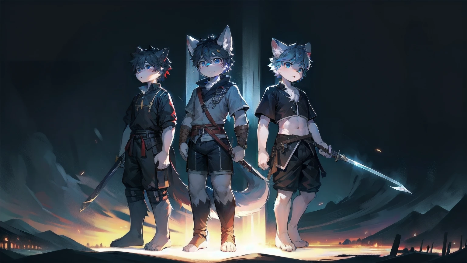 White Wolf，black hair，Sky blue eyes，hairy，Wolf ears，Wolf tail，Full body portrait，The character is in the center of the frame，Handsome，Confident eyes，male，juvenile，Black and white combat uniform，Red neck bib，Black shorts，Short sleeve，hairy arms and legs，Dark background，Dark battlefield，dawn，sunrise，dawn，illumination，shadow，Swordsman，Scabbard and sword，Hold the hilt of a sword in your hand，The scabbard is at the waist，Highest quality