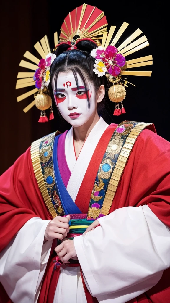 1. spectacular costumes: Kabuki actors in gaudy, colorful costumes. The costumes are gorgeous and colorful. 2.
	Thick makeup: Kabuki actors wear white makeup with distinctive kumadori (shading) on their faces to visually express their roles and emotions. Kabuki actors wear flashy, colorful costumes to visually express their roles and emotions. 3.
	3. unique performance: a performance in which the actor captures the moment of "mie," a moment of pause after striking a pose.　More than one Kabuki actor on a large stage, more boldly and exaggeratedly.