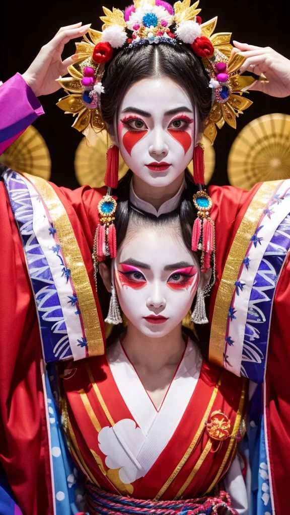 1. spectacular costumes: Kabuki actors in gaudy, colorful costumes. The costumes are gorgeous and colorful. 2.
	Thick makeup: Kabuki actors wear white makeup with distinctive kumadori (shading) on their faces to visually express their roles and emotions. Kabuki actors wear flashy, colorful costumes to visually express their roles and emotions. 3.
	3. unique performance: a performance in which the actor captures the moment of "mie," a moment of pause after striking a pose.　More than one Kabuki actor on a large stage, more boldly and exaggeratedly.