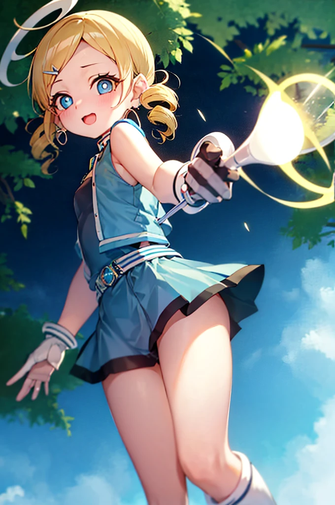 ppgzbb, blue eyes, Blonde, Twin Drill, Hair Clip, Earrings, Best, Blue leotard，Blue Skirt, Short skirt, boots, Are standing, forest 