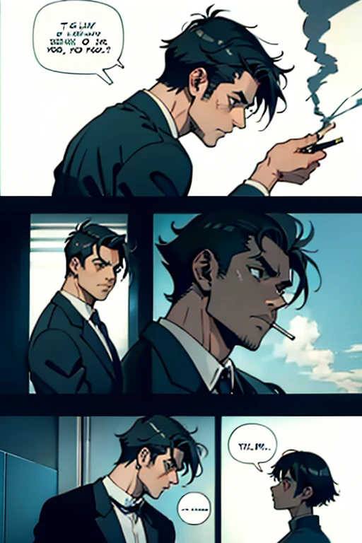  Guy with short black hair smoking and remorseful, manga page with panels and dialogue    