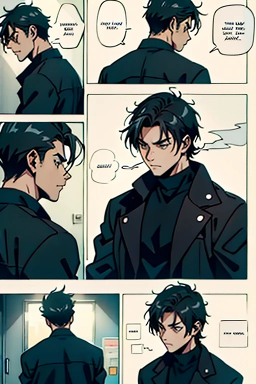  Guy with short black hair smoking and remorseful, manga page with panels and dialogue    