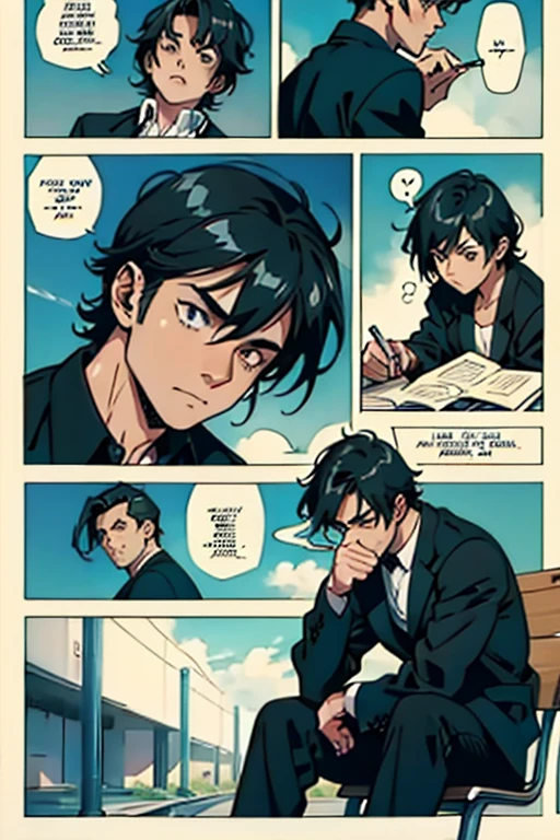  Guy with short black hair smoking and remorseful, manga page with panels and dialogue    