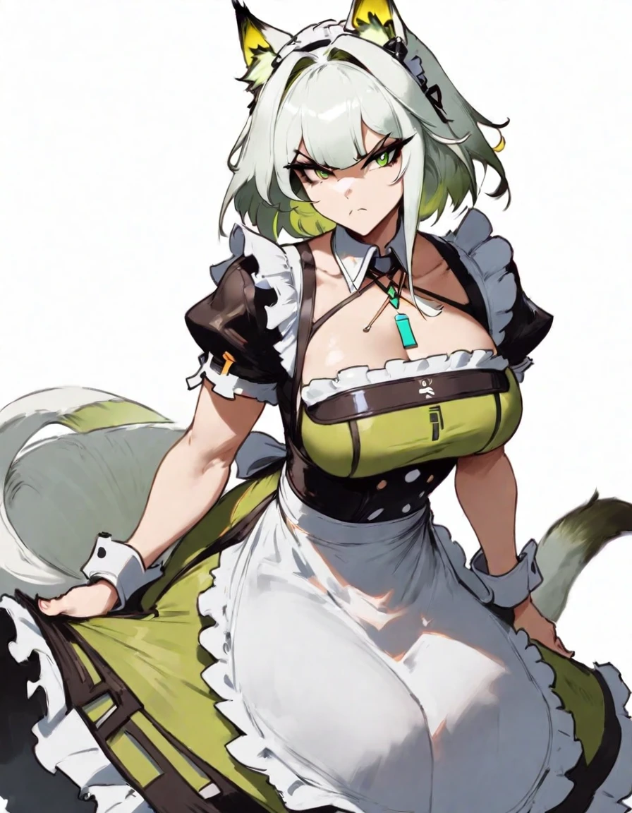 1girl, kal'tsit \(arknights\), arknights \\\\\ masterpiece, best quality, very aesthetic, absurdres, newest \\\\\\ slim body,///// ,by nyantcha,cutesexyrobutts , by khyle,,////// beautiful face, sexy, serious, angry, green eyes, animal ears, big tits,victorian maid
, solo,maid uniform, (white background:1.2),skirt, black and white clothes