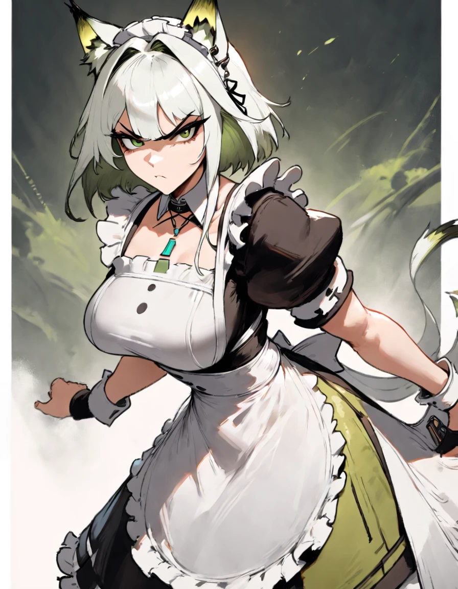 1girl, kal'tsit \(arknights\), arknights \\\\\ masterpiece, best quality, very aesthetic, absurdres, newest \\\\\\ slim body,///// ,by nyantcha,cutesexyrobutts , by khyle,,////// beautiful face, sexy, serious, angry, green eyes, animal ears, big tits,victorian maid
,  solo,maid uniform, (white background:1.2),skirt, black and white clothes