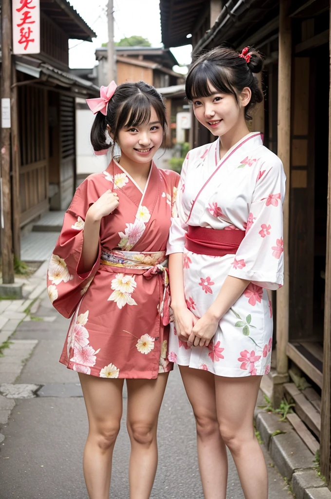 2 girls standing in old-Japanese street,floral pink yukata with red obi,18-year-old,bangs,a little smile,thighs,knees,short hair and low pigtails with red ribbon bow,from before,front light