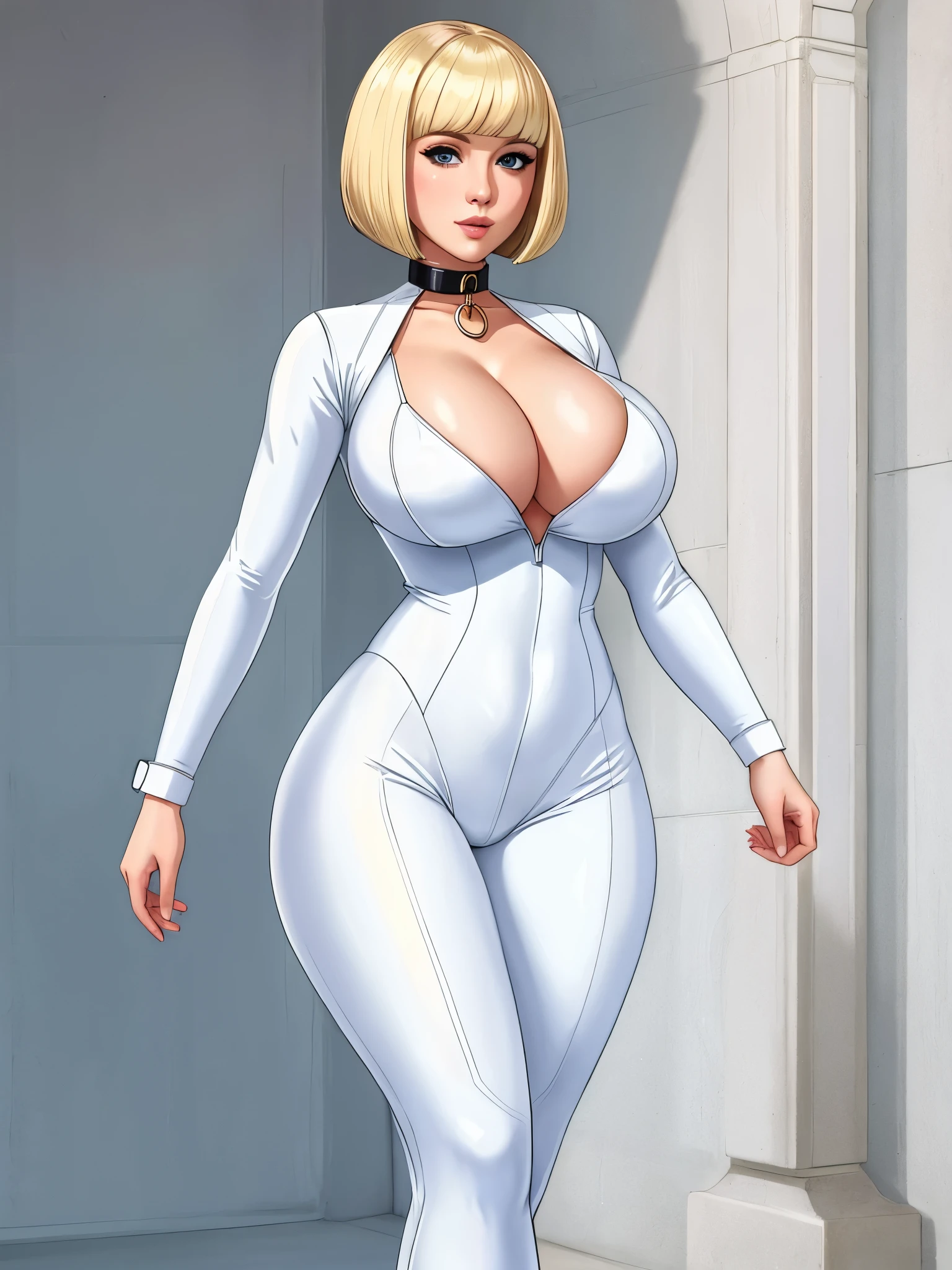 masterpiece, white , full body shot, cleavage, gorgeous woman, clone, barcode, blonde, slave collar, 1girl, bobcut