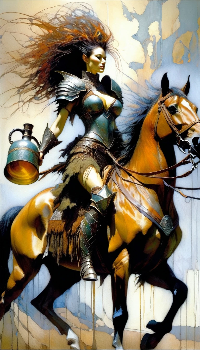 full body, warrior woman in large armor riding a horse holds a cup of liquor (cup of liquor on hand) (art inspired by Brian Froud and Carne Griffiths and Wadim Kashin, intricate details, oil painting)