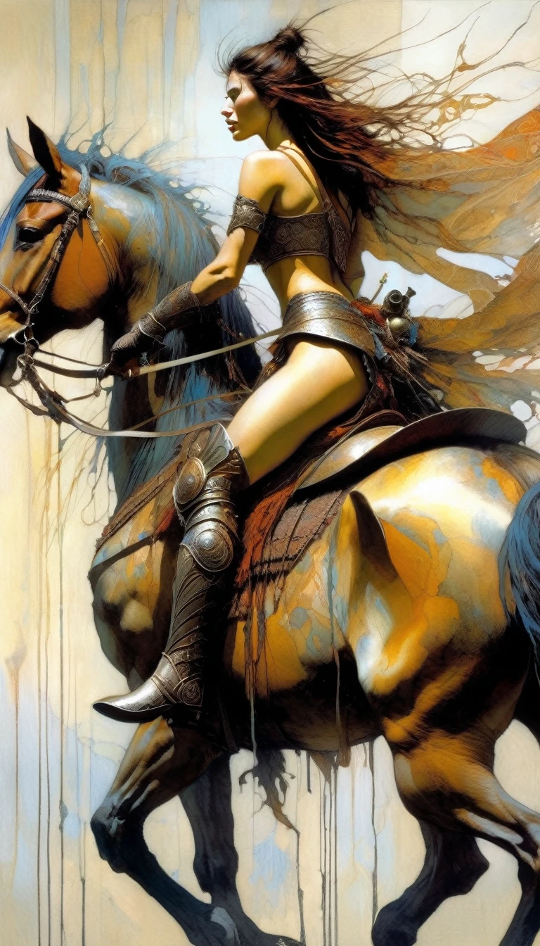 full body, warrior woman in large armor riding a horse holds a cup of liquor (cup of liquor on hand) (art inspired by Brian Froud and Carne Griffiths and Wadim Kashin, intricate details, oil painting)
