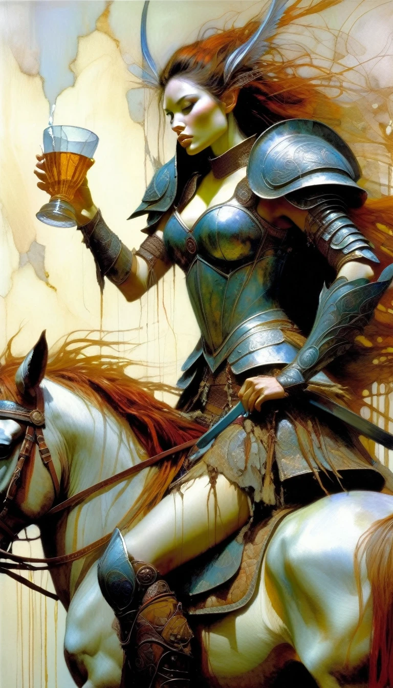 full body, warrior woman in large armor riding a horse holds a cup of liquor (cup of liquor on hand) (art inspired by Brian Froud and Carne Griffiths and Wadim Kashin, intricate details, oil painting)
